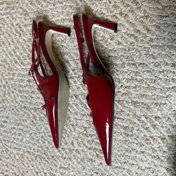 Steve Madden Liana Wine Red Patent Multi Strap Slingback Kitten Heel Pumps 8.5M - Picture 8 of 9